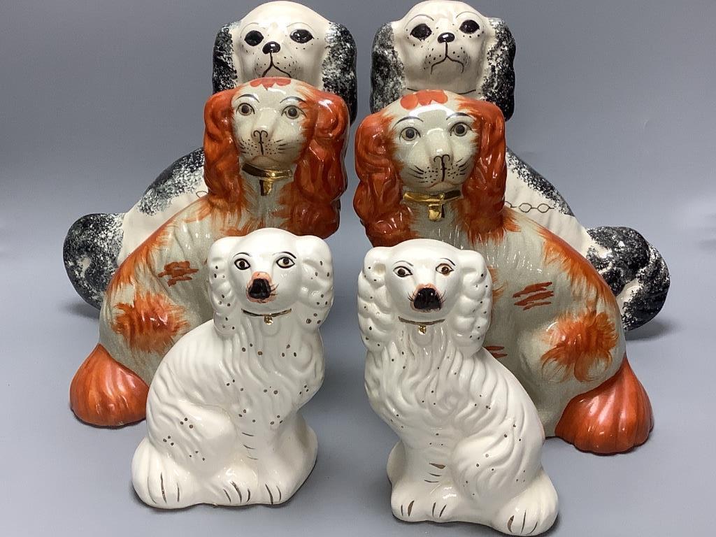 Three pairs of Staffordshire style dogs, tallest 27cm